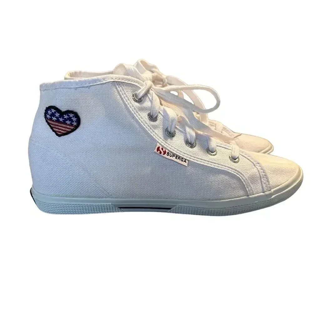 Superga white canvas Hi Top sneakers with American flag heart NEW